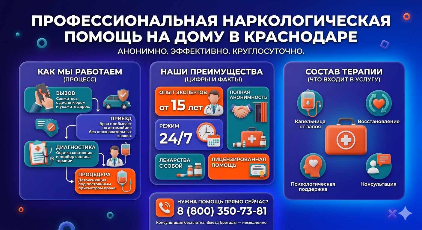 Инфографика о принципах лечения алкоголизма на дому в Мирном: этапы вызова нарколога, преимущества анонимной детоксикации и состав медицинской помощи.
